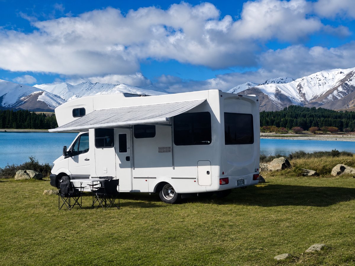 A motorhome parked on grass on a sunny day