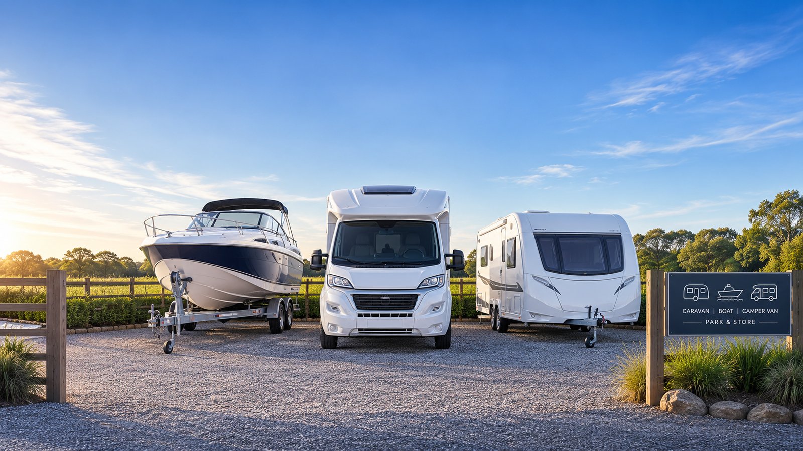 A boat, motorhome and caravan parked in the Park & Store storage yard at golden hour